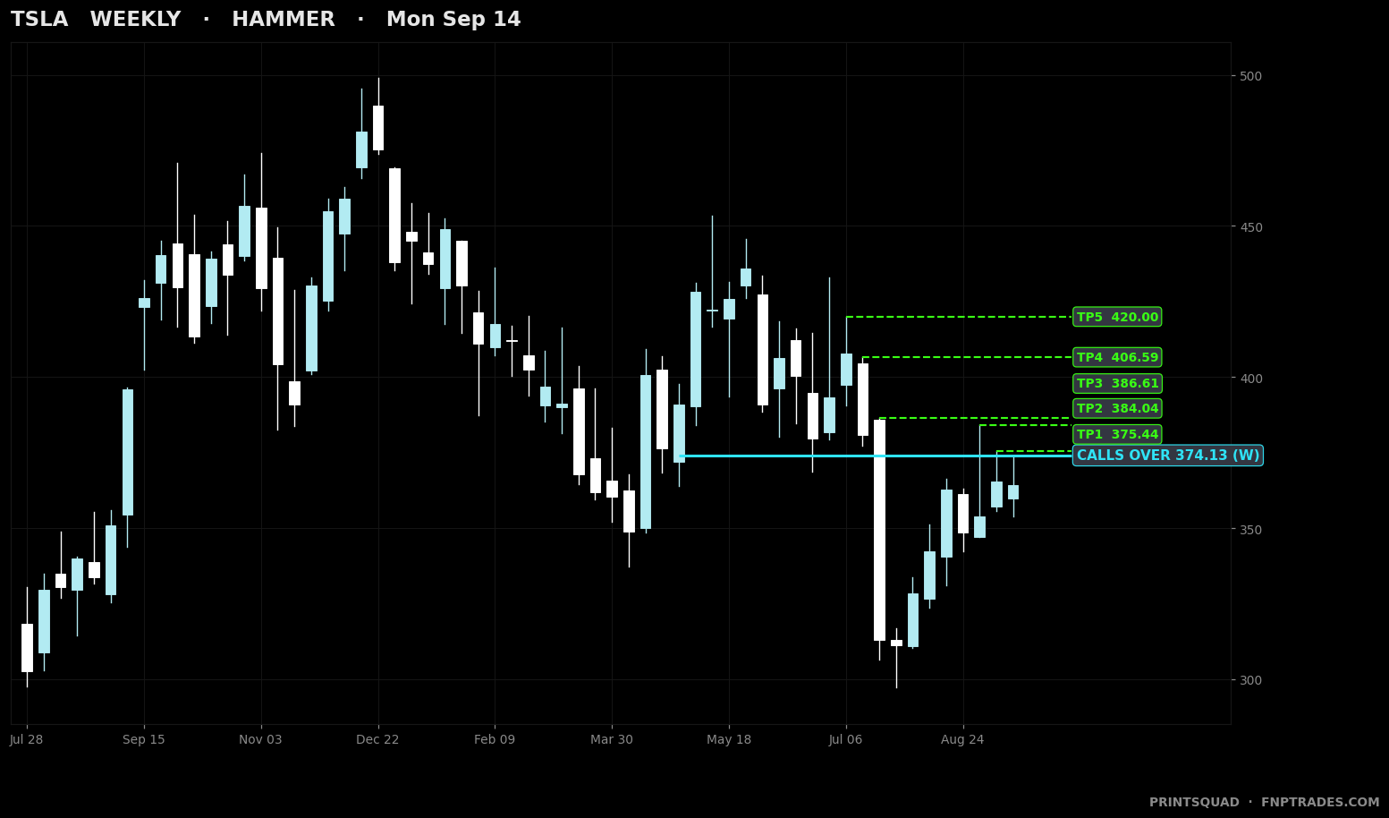 A weekly TSLA chart in the PrintSquad scan template: a calls over level at 374.13 with five targets stacked above it.