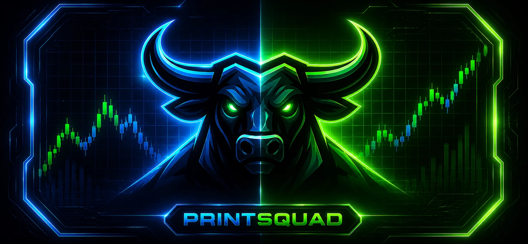 The PrintSquad bull, half blue and half green, between two rising candlestick charts.